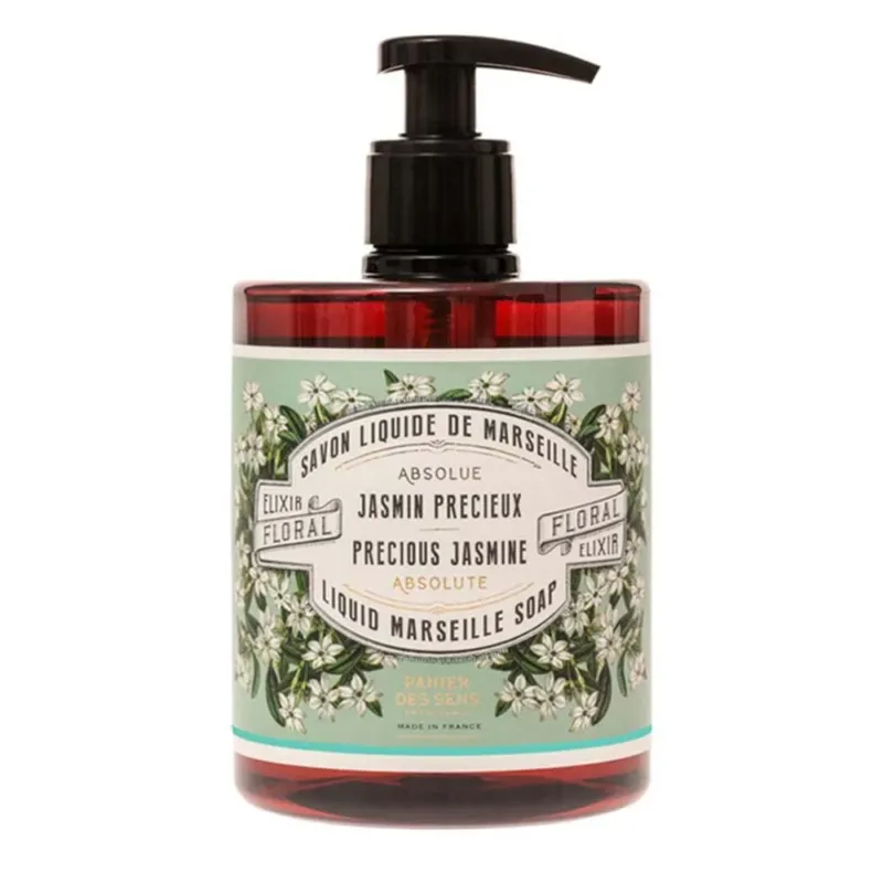 Eine Pumpflasche mit der Aufschrift „Panier des Sens – Marseiller Flüssige Handseife Jasmin 500ml“ mit floralem Design auf hellblauem Hintergrund.