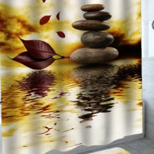 Pebbles Cairn Shower Curtain with Leaves on Water