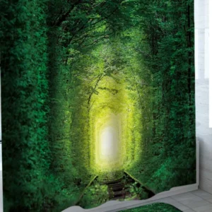 Railroad Path Through Green Forest Shower Curtains