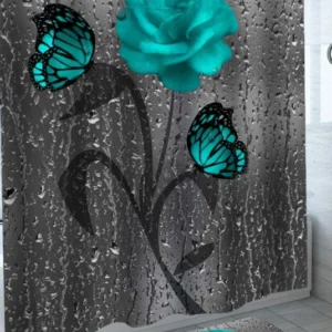Rainy Turquoise Rose and Butterflies Shower Curtain and Bathroom Rug