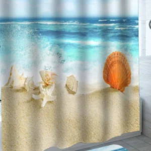 Sea Shower Curtain Turquoise Ocean Waves Hitting Beach Shells