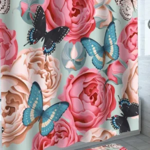 Shower Curtain of Giant Pinkish Roses and Butterflies