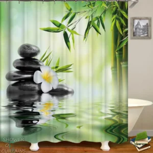Shower Curtains with Spa Plumeria Pebbles and Bamboo