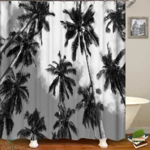 Shower Curtains with Tropical Black and White Palm Trees