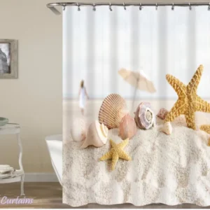 shower curtain of Starfish And Shells On The Beach Sand