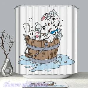 Shower Curtain of Cartoon Dalmatian Dog Taking A Bath