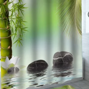 Spa Mood Shower Curtains with Bamboo Water Lily and Pebbles