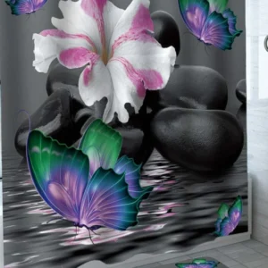 Spa Shower Curtains Hibiscus Flower Butterflies Pebbles