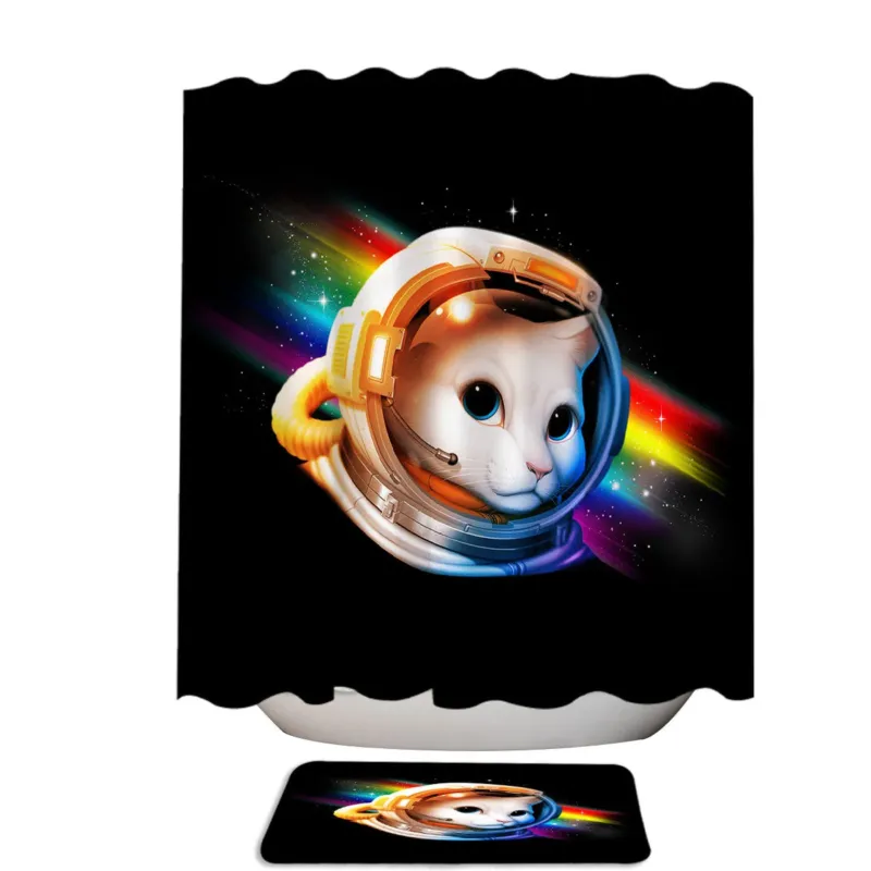 Space Rainbow Astronaut Cat Shower Curtain