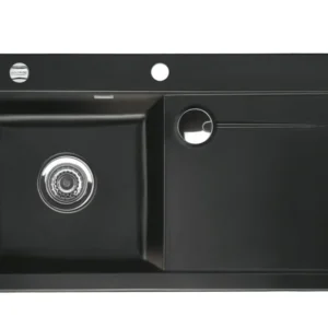 SYSTEMCERAM Einbauspüle Stema 90 Be. Li. Nero 68 inkl. Excenterbetätigung, für 60 cm Schrankbreite, Einbauspüle mit Sinktop Resteausguss Auflage Becken links 50530268