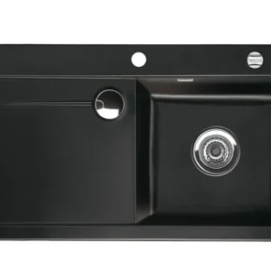 SYSTEMCERAM Einbauspüle Stema 90 F Be. Re. Nero 68 inkl. Excenterbetätigung, für 60 cm Schrankbreite, Spüle zum flächenbündigen Einbau mit Sinktop Resteausguss, inkl. 4 x Eckradien R 10 Auflage Becken rechts 55520268