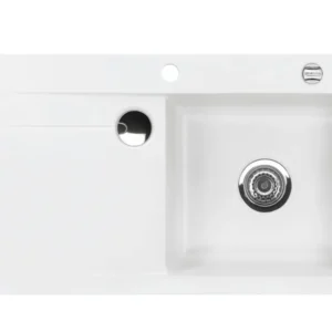SYSTEMCERAM Einbauspüle Stema 90 F Be. Re. Polar 13 inkl. Excenterbetätigung, für 60 cm Schrankbreite, Spüle zum flächenbündigen Einbau mit Sinktop Resteausguss, inkl. 4 x Eckradien R 10 Auflage Becken rechts 55520213