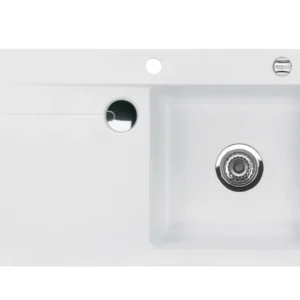 SYSTEMCERAM Einbauspüle Stema 90 F Be. Re. Satin 20 inkl. Excenterbetätigung, für 60 cm Schrankbreite, Spüle zum flächenbündigen Einbau mit Sinktop Resteausguss, inkl. 4 x Eckradien R 10 Auflage Becken rechts 55520220