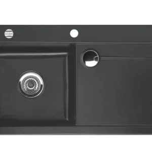SYSTEMCERAM Einbauspüle Stema 90 F Be. Li. Schiefer 85 inkl. Handbetätigung, für 60 cm Schrankbreite, Spüle zum flächenbündigen Einbau mit Sinktop Resteausguss, inkl. 4 x Eckradien R 10 Auflage Becken links 55530185