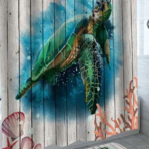 Stunning Turtle Art on Wooden Deck Shower Curtains with Rustic Design