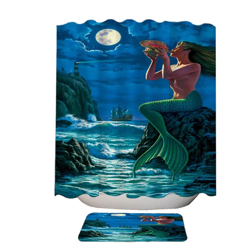 The Sounds of Night Coastal Mermaid Fabric Shower Curtains