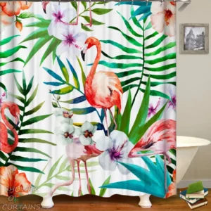 Tropical Shower Curtains of Art Painting Flamingos & Tropical Flowers