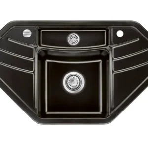 SYSTEMCERAM Einbauspüle Vega Eck Nero 68 inkl. Excenterbetätigung, für 90 cm Schrankbreite, Einbauspüle mit Resteschale Makrolon Auflage keine Beckenlage 50340268