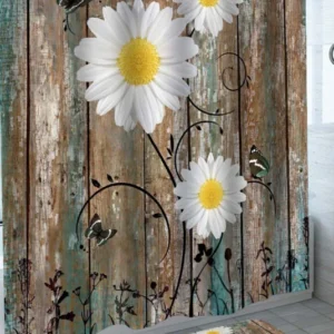 White Daisy Shower Curtain Flower and Butterflies on Wood Deck