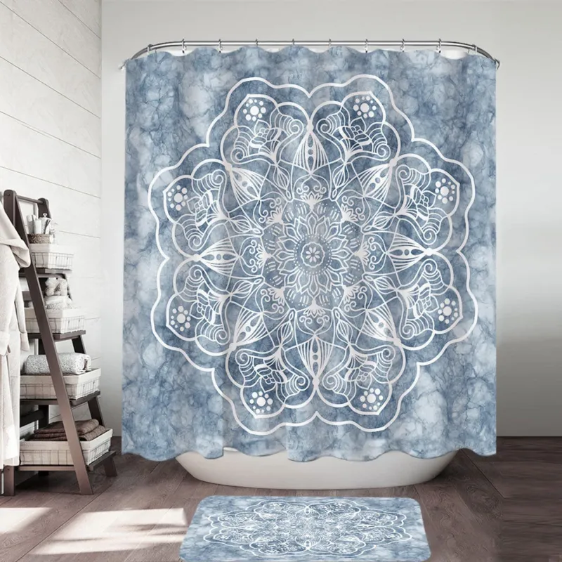 White Mandala on Greyish Marble Shower Curtain