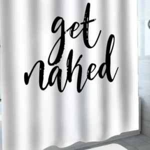 White and Black Shower Curtain and Rug with Cursive Get Naked