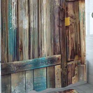 Worn Out Blue Wooden Wall and Door Rustic Shower Curtains