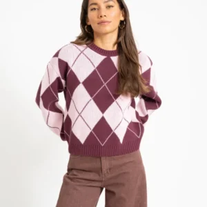 Acy O-Neck Argyle Knit Fig/Romance Rose - Things I Like Things I Love