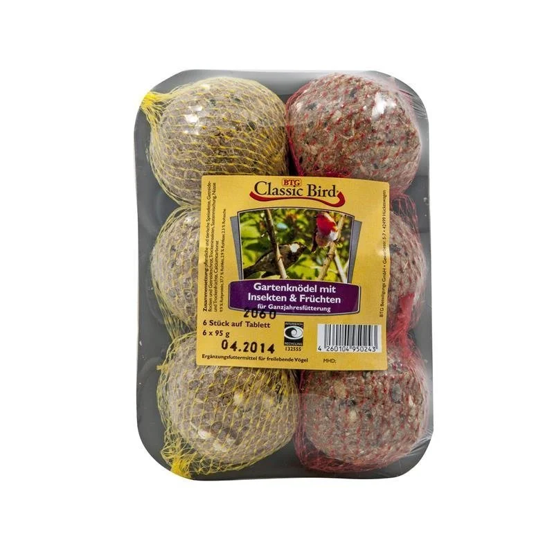 Classic Bird Gartenknödel mit Früchten & Insekten – 6 Stück auf Tablett