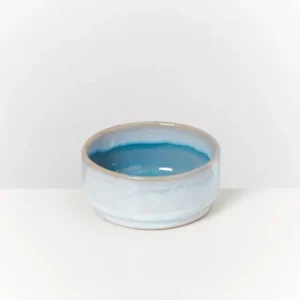 Eine flache, blau-weiß glasierte Keramikschale steht auf einer weißen Oberfläche.