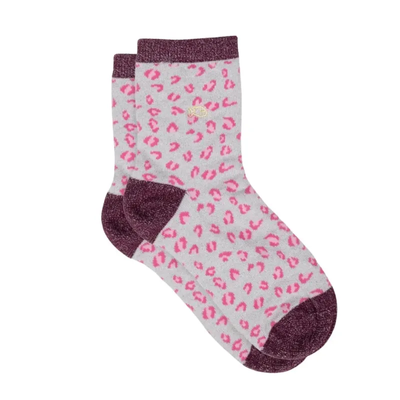 Glitzersocken Leopardenmuster ecru/bordeaux