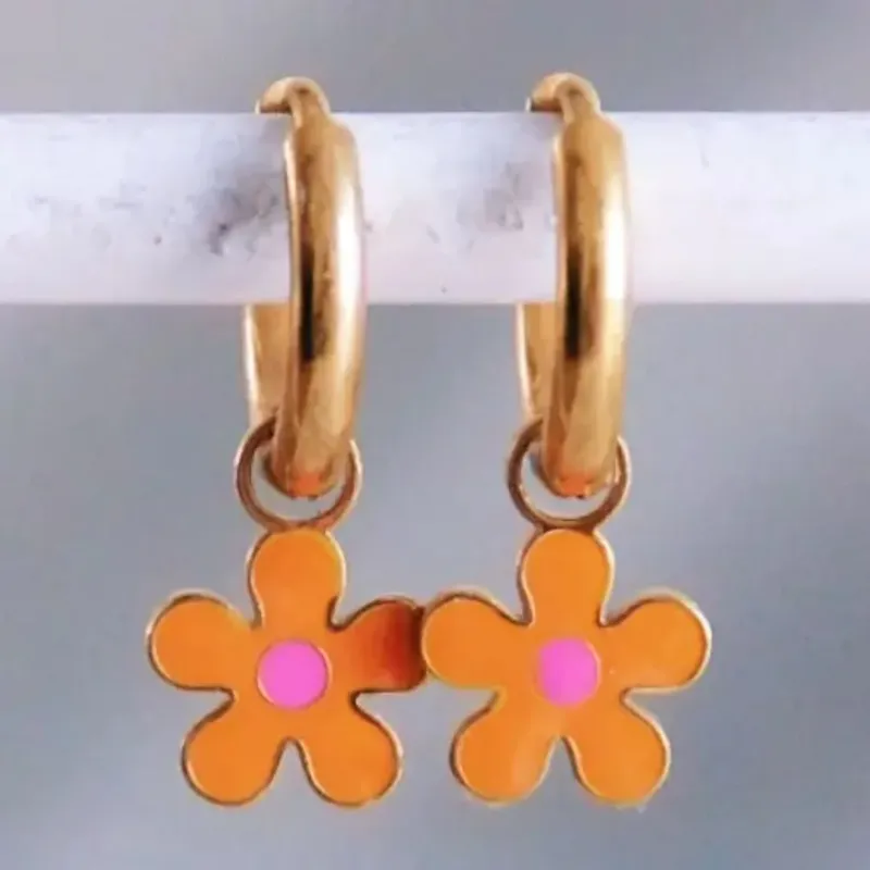 Damen Ohrringe Creolen mit Blütenanhängern orange/pink