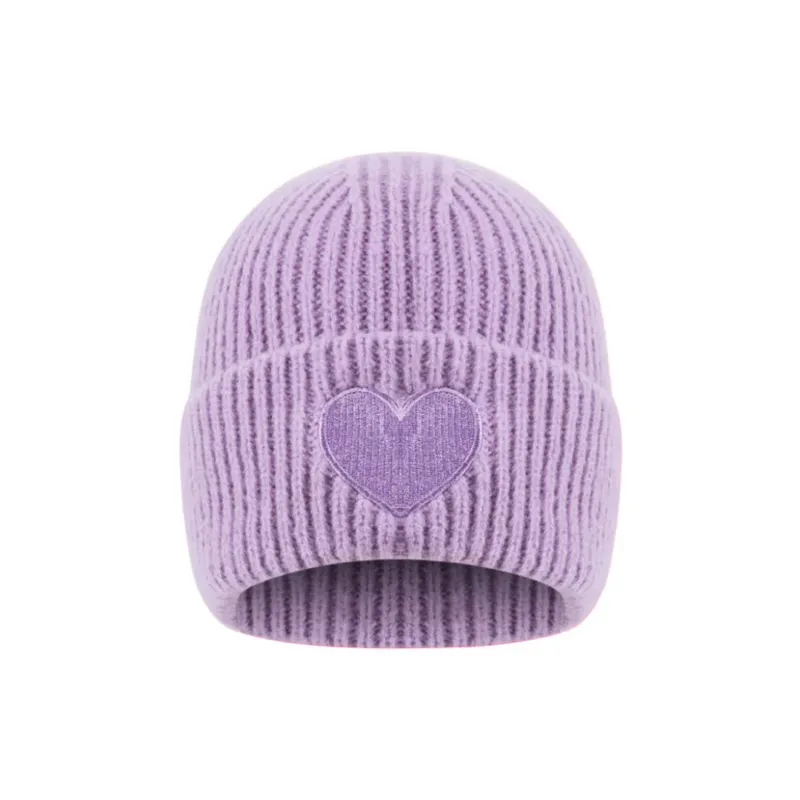 Damen Strickmütze mit Herzdetail lila