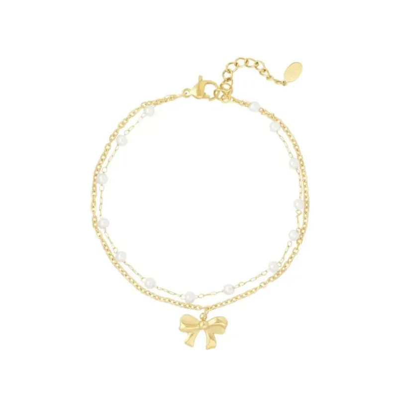 Damen Armband 'Double' mit Schleifen und Perlen gold