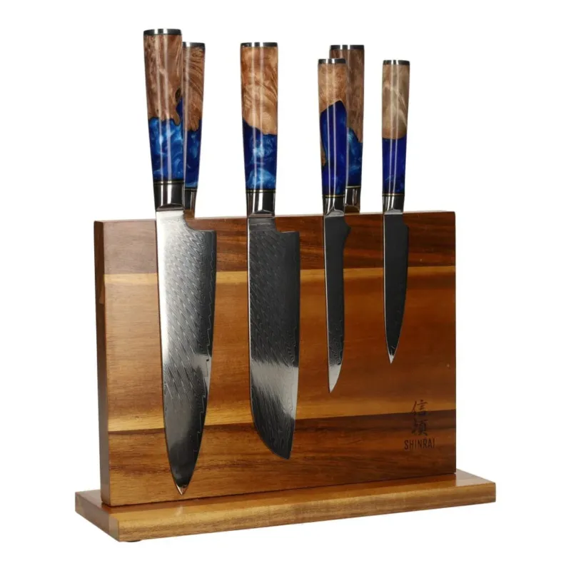 Epoxy Sapphire 6-delige Damascus Messenset + Magnetisch Messenblok Messenset met blok Shinrai Knives