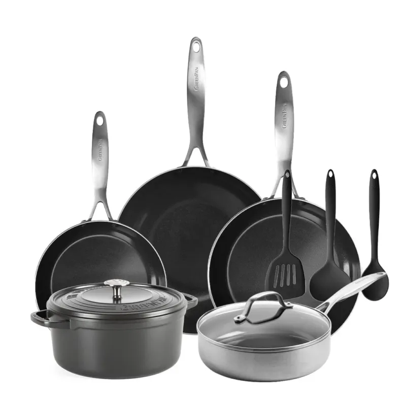 GreenPan - Geneva All You Need 9-delige Pannenset 18/24/24/28/28 cm - 2 koekenpannen + stoofpan met deksel + wokpan + braadpan + 3-delige spatelset Pannenset GreenPan