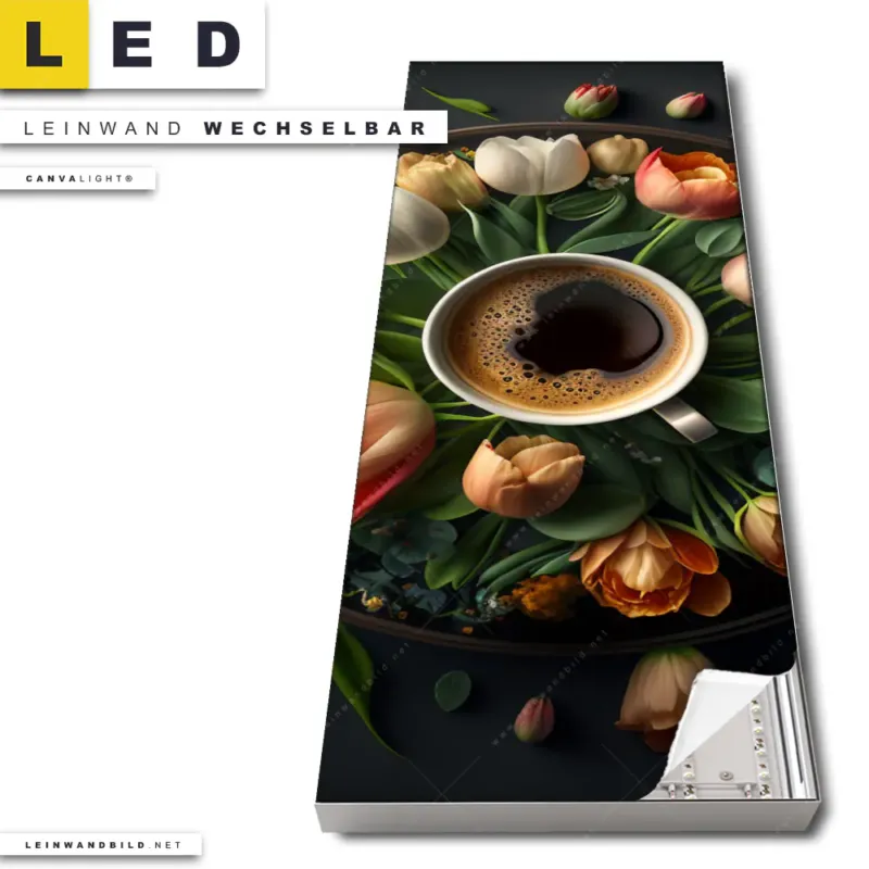 Led Leinwandbild Kaffee Inmitten Wunderschoener Blumen Schmal Produktvorschau