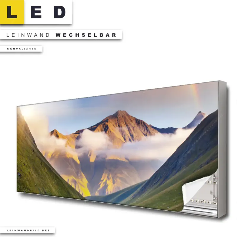Led Leinwandbild Nebel Und Regenbogen Zwischen Den Bergen Panorama Produktvorschau