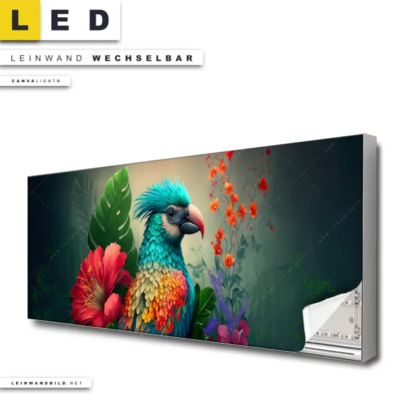 Led Leinwandbild Papagei Und Tropischer Hibiskus Panorama Produktvorschau