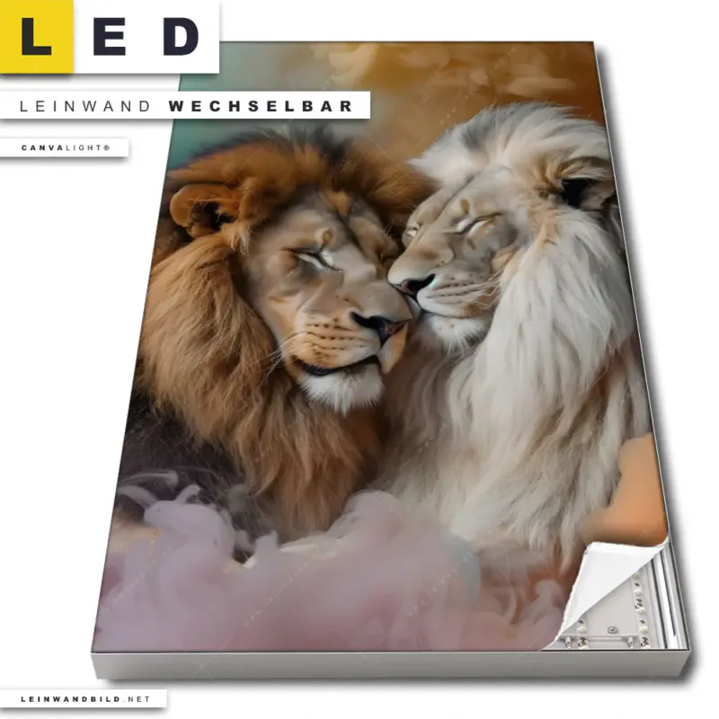Led Leinwandbild Sanfte Loewenmomente In Buntem Nebel Hochformat Produktvorschau