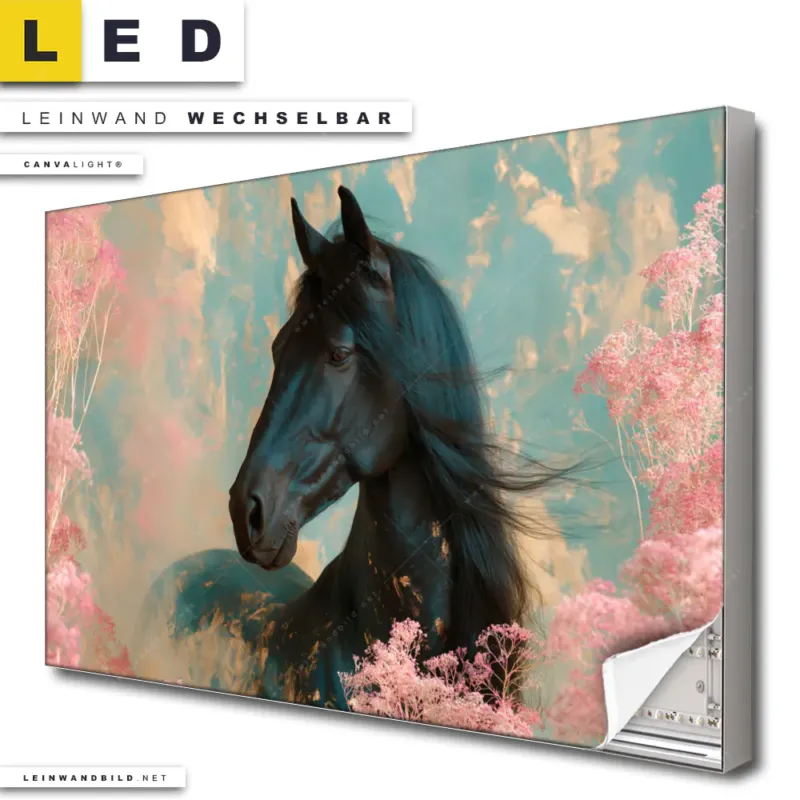 Led Leinwandbild Schwarzes Pferd Im Bluetenmeer Querformat Produktvorschau