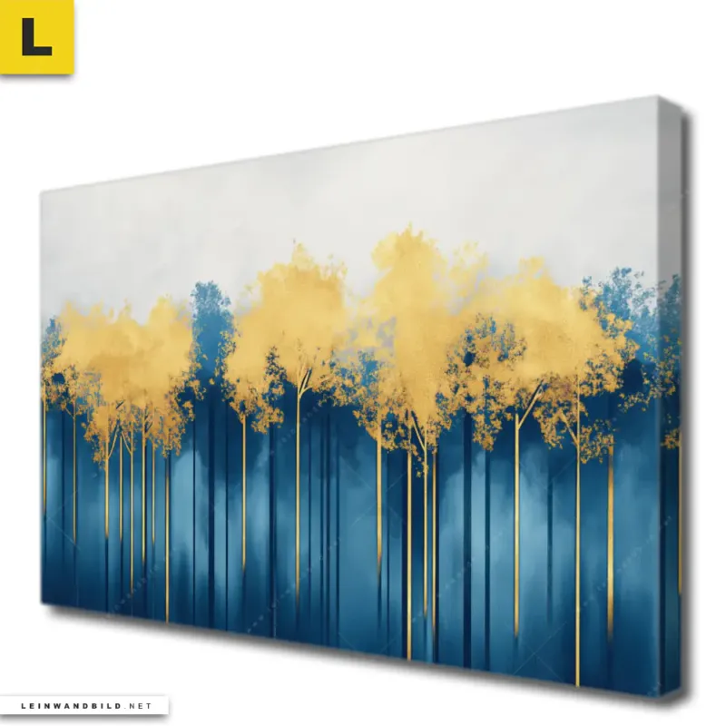 Leinwandbild Abstrakter Wald Blau Gold Querformat Produktvorschau
