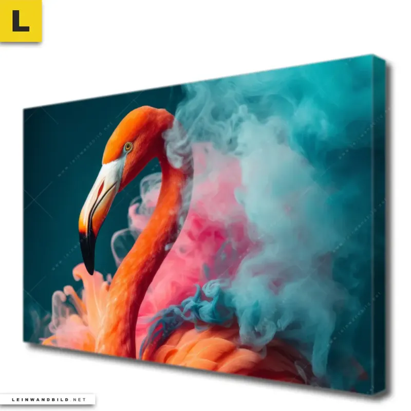 Leinwandbild Flamingo In Bunter Rauchwolke Querformat Produktvorschau