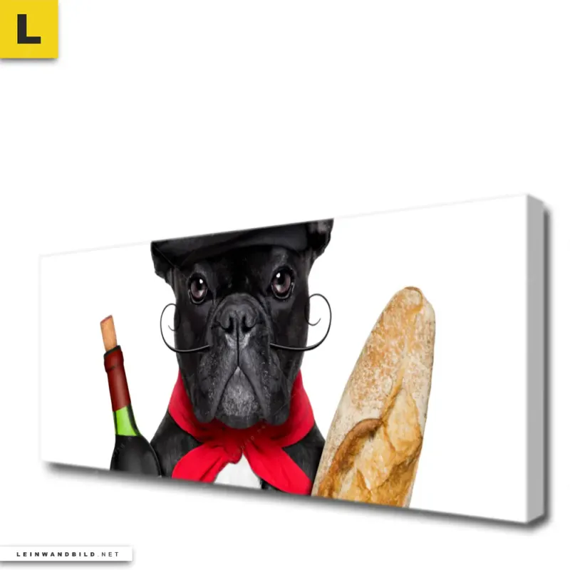 Leinwandbild Franzoesischer Bulldoggen Charme Mit Baguette Wein Panorama Produktvorschau