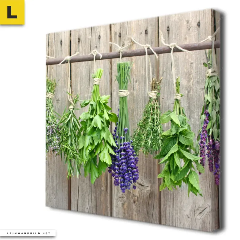 Leinwandbild Frische Kraeuter An Holzstange Quadrat Produktvorschau