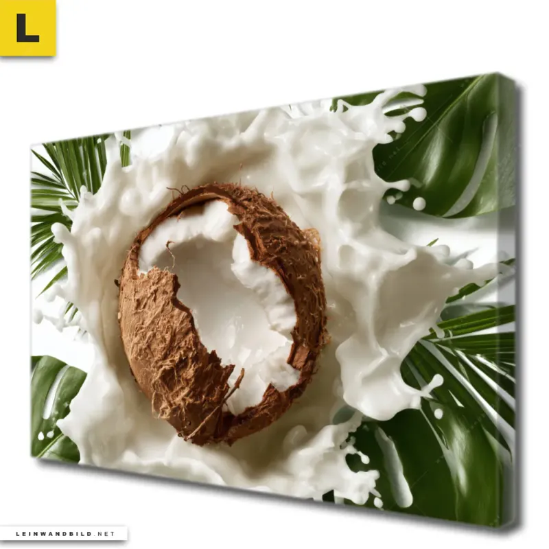 Leinwandbild Kokosnuss Mit Kokosmilch Palmenblaettern Querformat Produktvorschau