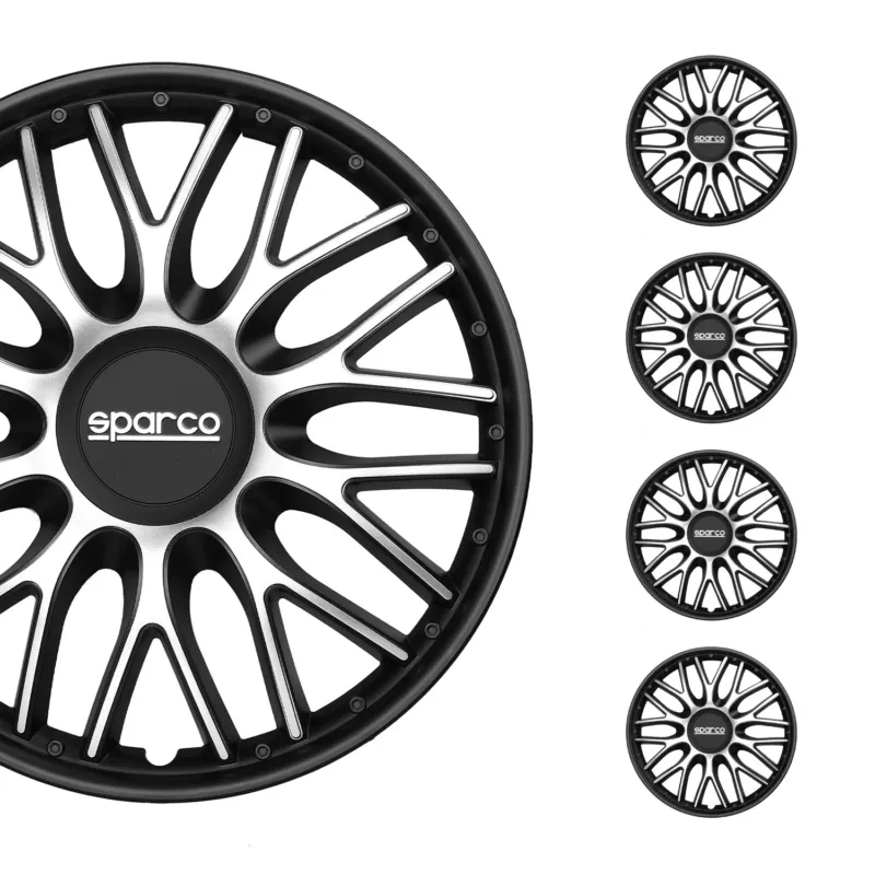 Radkappen Radzierblenden Sparco Roma 14" Zoll Abdeckung Set Silber Schwarz 4x