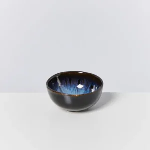 Keramikschale mit blau-weißer Glasur innen und dunkler Außenseite auf weißem Untergrund.