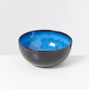 Schwarze Schale mit glänzender blauer Innenseite auf weißem Hintergrund.