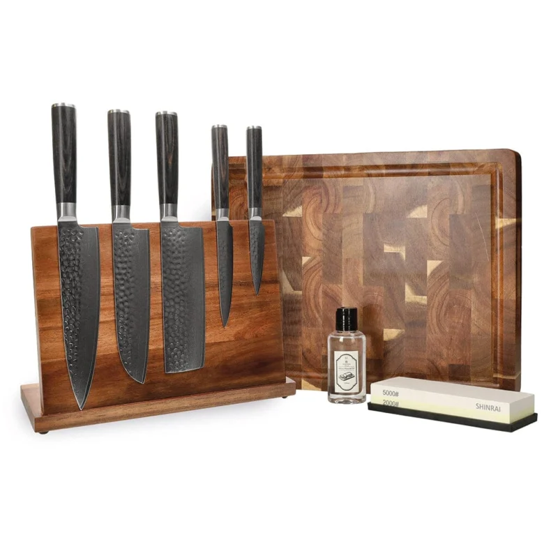 Shinrai Knives - Hammered Damast BR Mega Bundel - All you need Messenset met blok, snijplank en slijpsteen Shinrai Knives