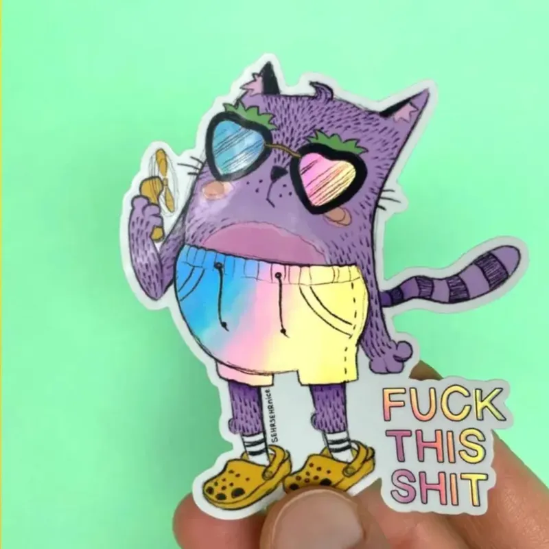 Aufkleber holografisch mit Katze 'FUCK THIS SHIT'